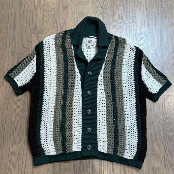 BDG Striped Button-Down Short Sleeve Polo Crochet Sweater Medium - Picture 2 of 4